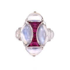 Art Deco moonstone, ruby, and diamond ring.