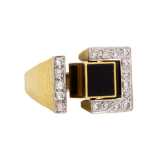 Gold kinetic ring set with diamonds, onyx, lapis, and tiger eye