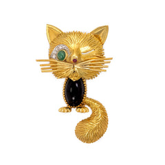 Onyx and gold Chat Malicieux brooch