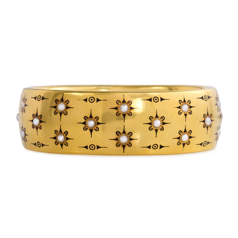 Antique gold, half-pearl, and black enamel bracelet