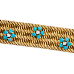 Gold bracelet with turquoise and diamond flower clusters
