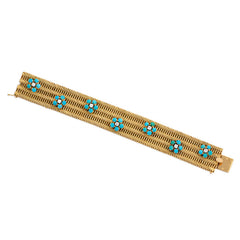 Gold bracelet with turquoise and diamond flower clusters