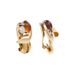 Retro gold, citrine, and diamond scroll earrings