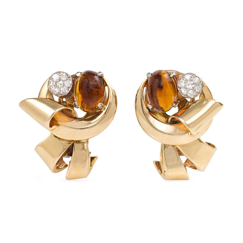 Retro gold, citrine, and diamond scroll earrings