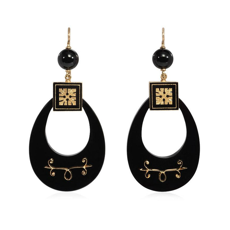 Antique carved onyx hoop earrings with gold and enamel tracery