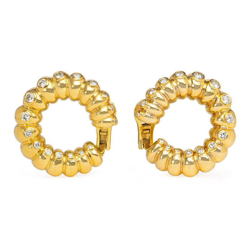 Gold and diamond ribbed hoop earrings