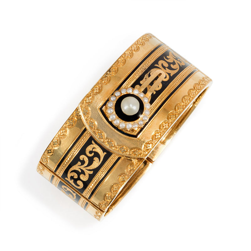 Antique gold and enamel buttoned cuff bracelet