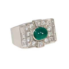 Art Deco diamond and emerald plaque ring