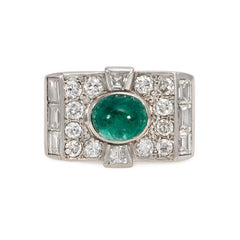 Art Deco diamond and emerald plaque ring