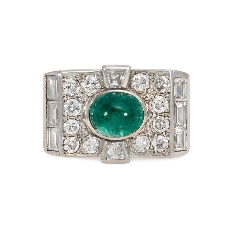 Art Deco diamond and emerald plaque ring