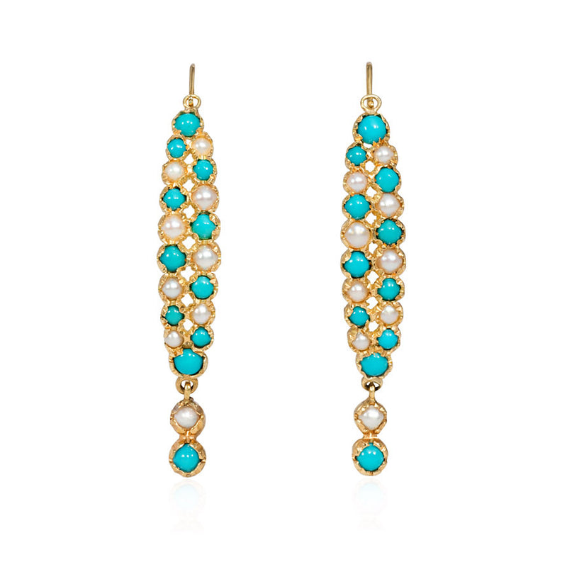 Antique pearl and turquoise poissarde earrings, France