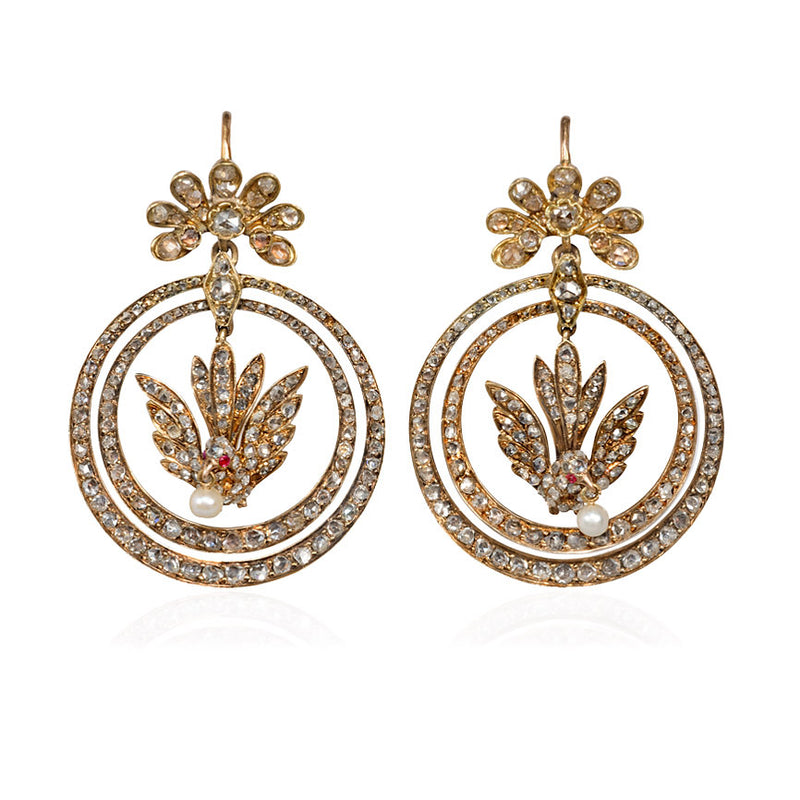 Antique diamond hoop and bird earrings, France.