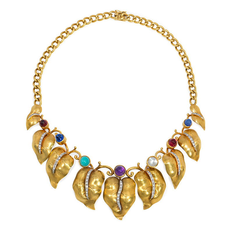 Retro gold leaves and hardstone necklace