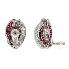 Retro invisibly set ruby and diamond stylized knot earrings