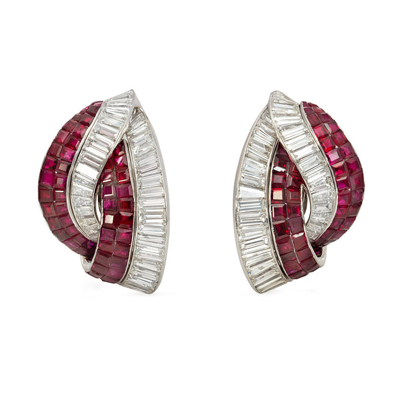 Retro invisibly set ruby and diamond stylized knot earrings