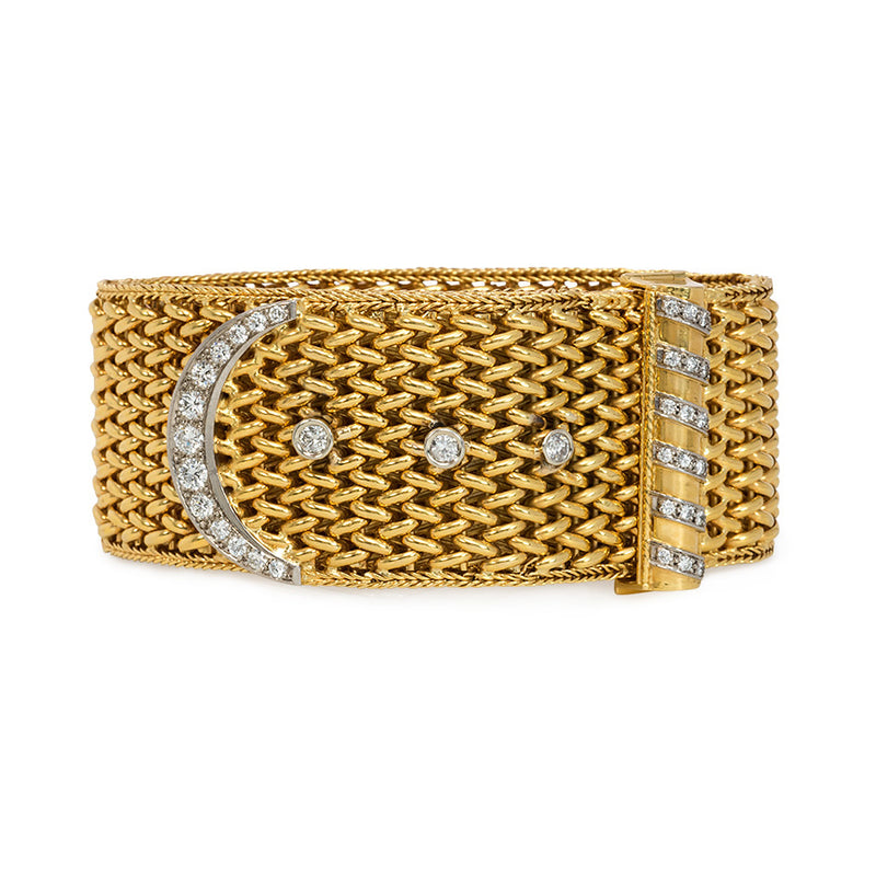 Woven gold and diamond buckle bracelet, French import