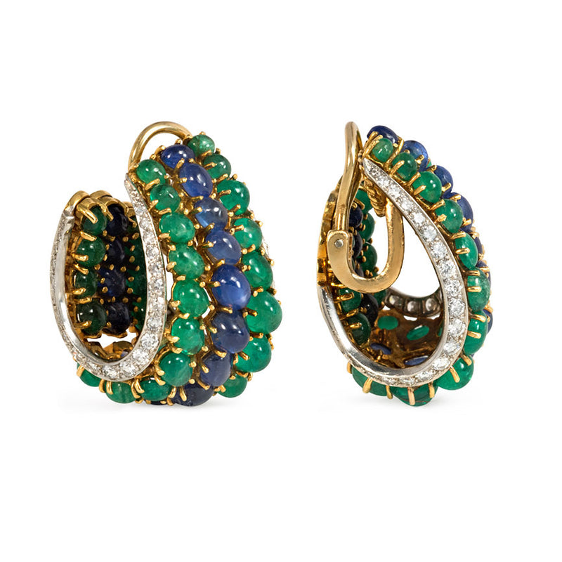 Emerald, sapphire, and diamond hoop earrings