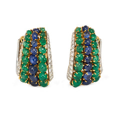 Emerald, sapphire, and diamond hoop earrings