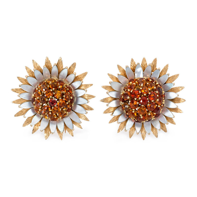 Pair of citrine flower brooches