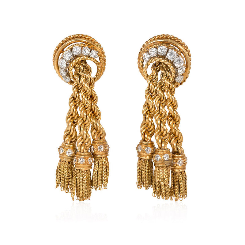 Gold and diamond tassel earrings, France