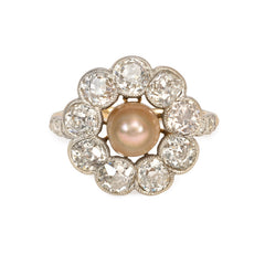 Edwardian pearl and diamond cluster ring