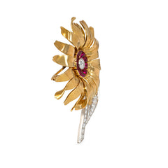 Retro gold, ruby and diamond flower brooch, France