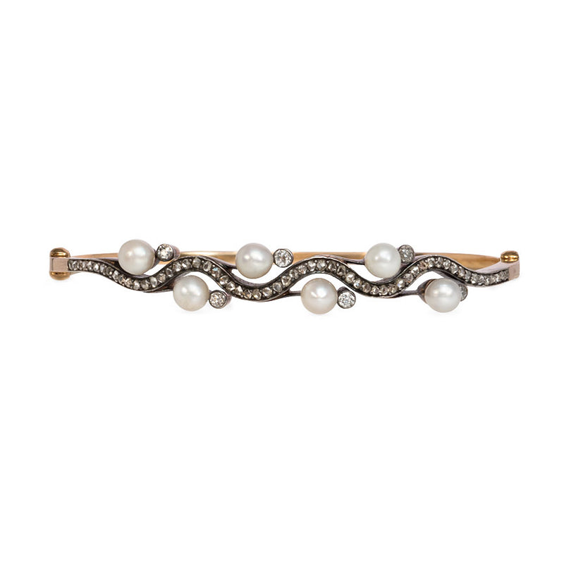 Antique undulating pearl and diamond bangle