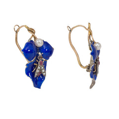 Antique blue enamel, gold, and silver leaf earrings