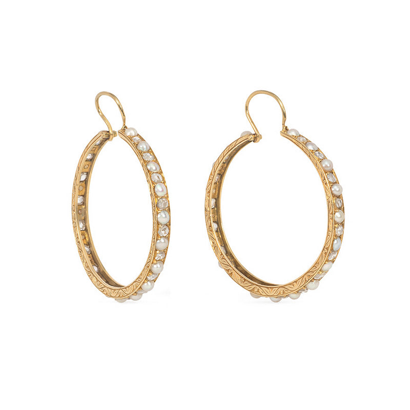 Victorian pearl and diamond hoop earrings