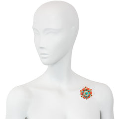Mid-century coral, turquoise, and diamond bombé florette brooch