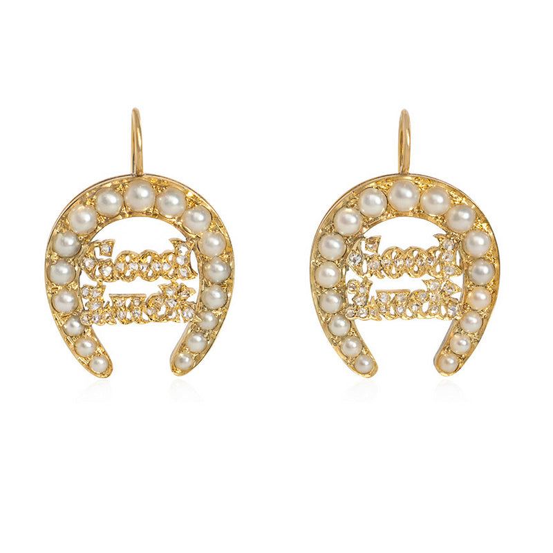 Antique gold, pearl, and diamond horseshoe motif earrings