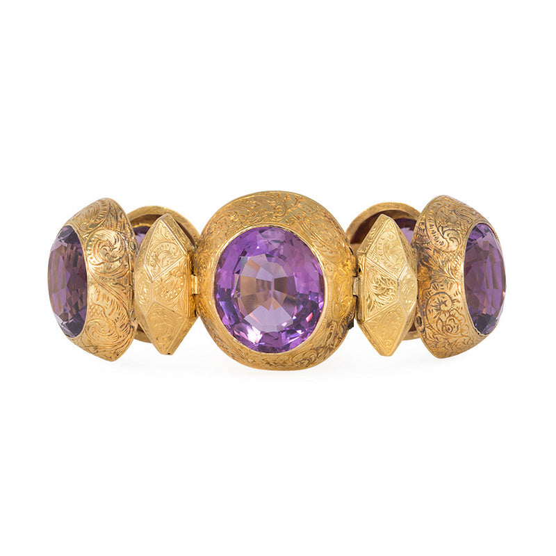 Antique engraved gold and cushion-cut amethyst bracelet
