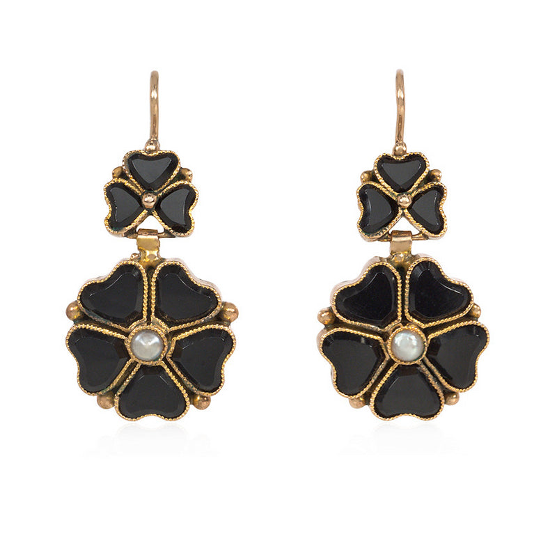Antique onyx and pearl flower earrings