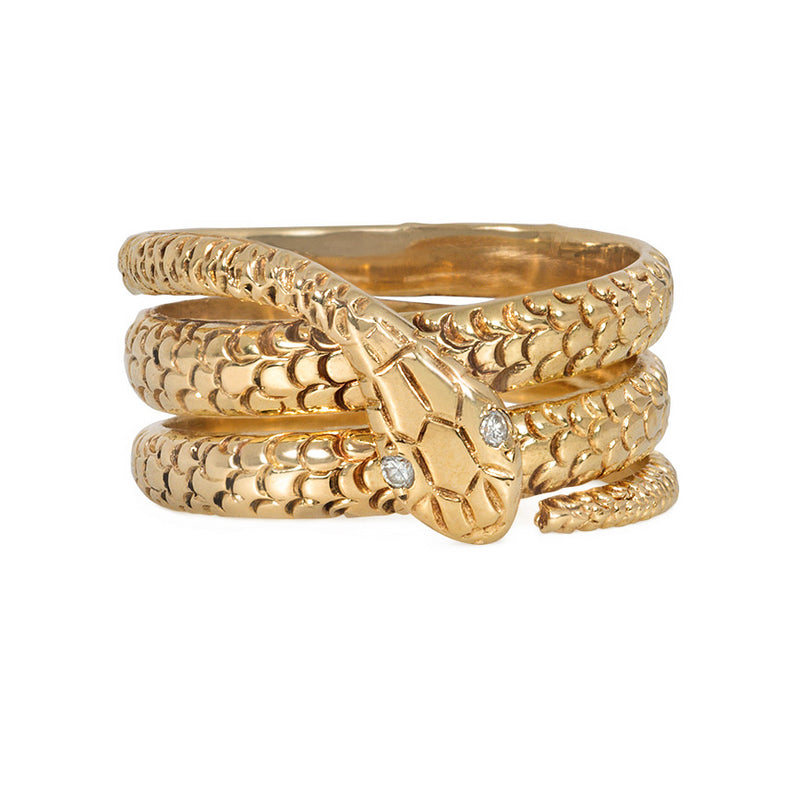 Textured gold and diamond snake ring