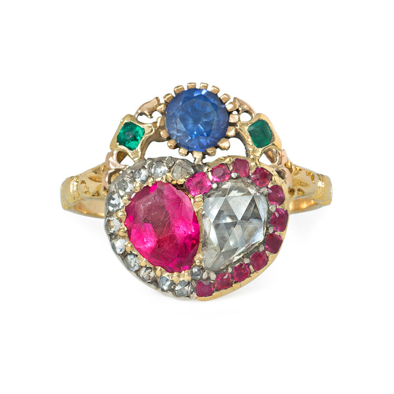 Antique multigem double heart ring