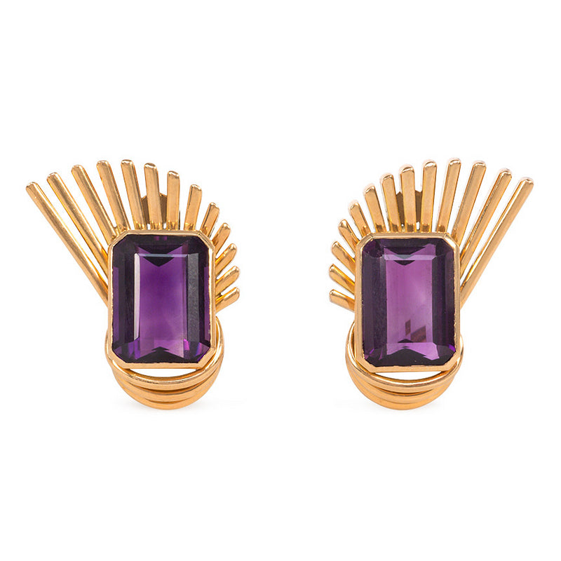 Retro gold and amethyst spray design earrings