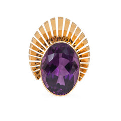 Retro large oval amethyst and gold clip brooch