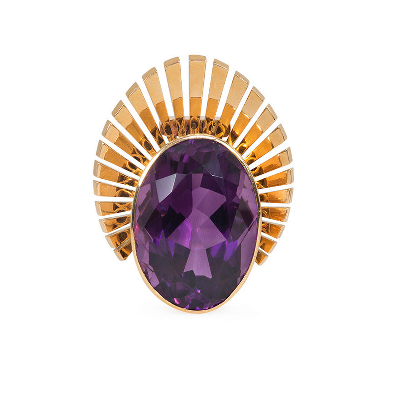 Retro large oval amethyst and gold clip brooch