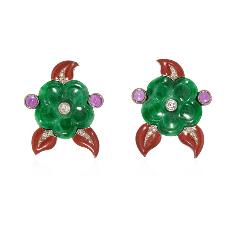 Cartier Art Deco jade, amethyst, diamond, and enamel flower earrings