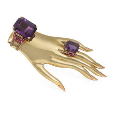 Paul Flato Retro gold and amethyst hand brooch