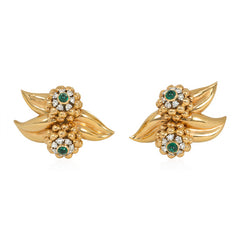Retro French gold, emerald, and diamond foliate motif earrings