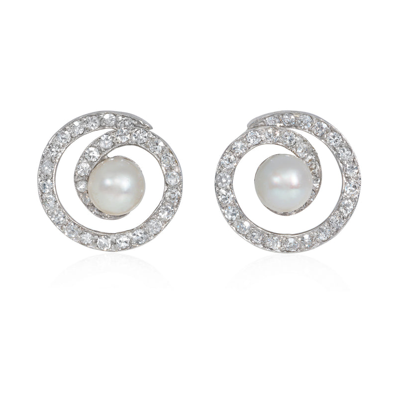 Mid-century natural pearl and diamond spiral earrings