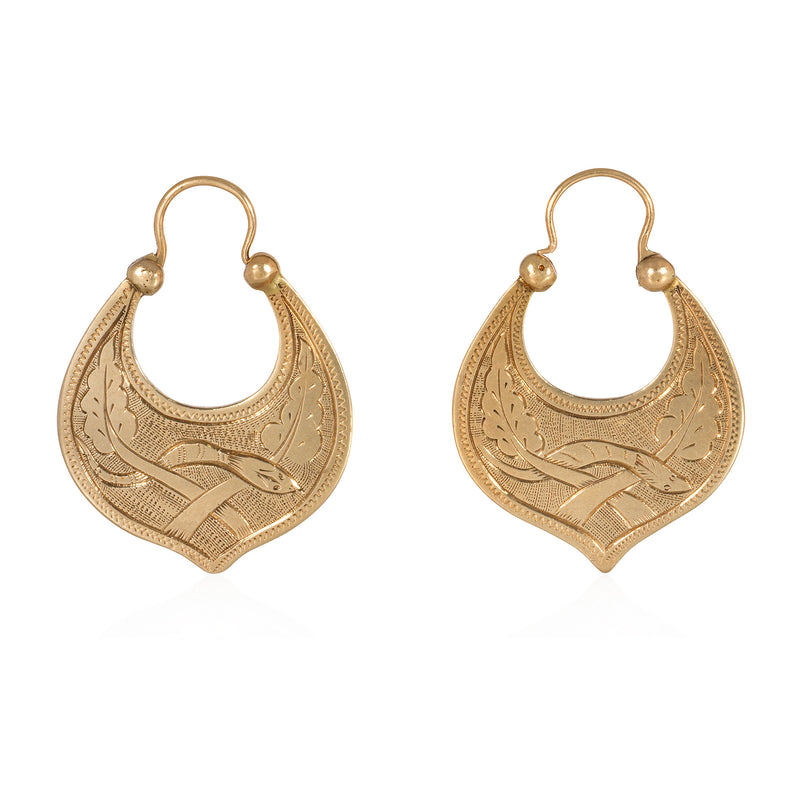 Antique etched serpent hoop earrings