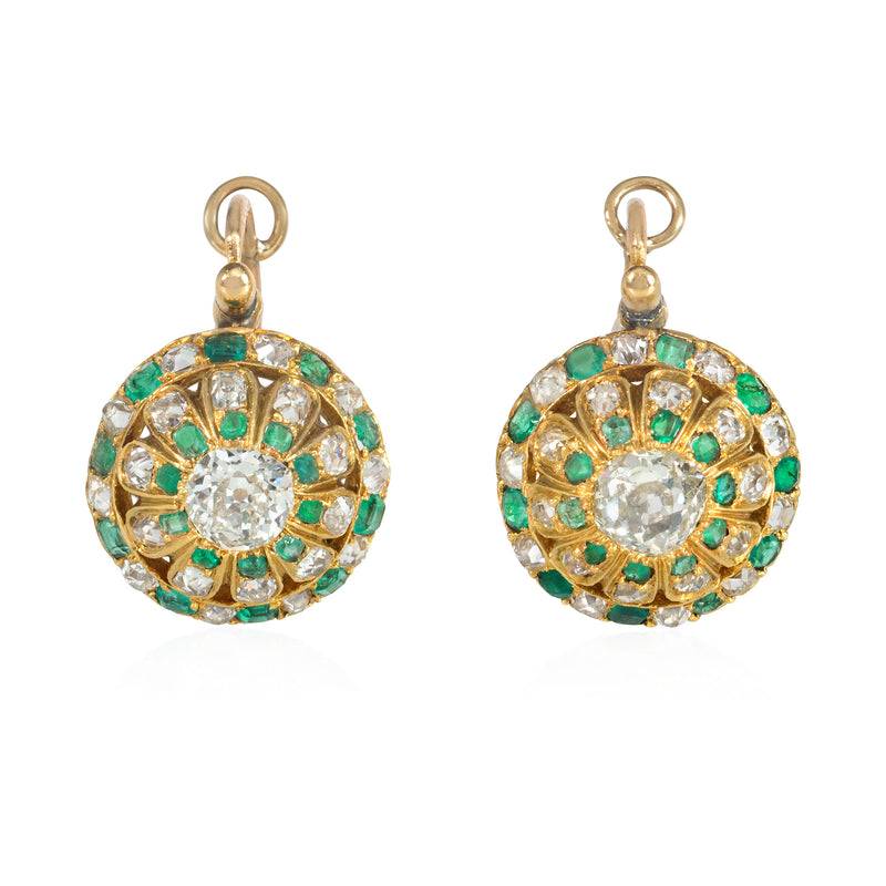 Antique gold, diamond, and emerald dormeuse earrings