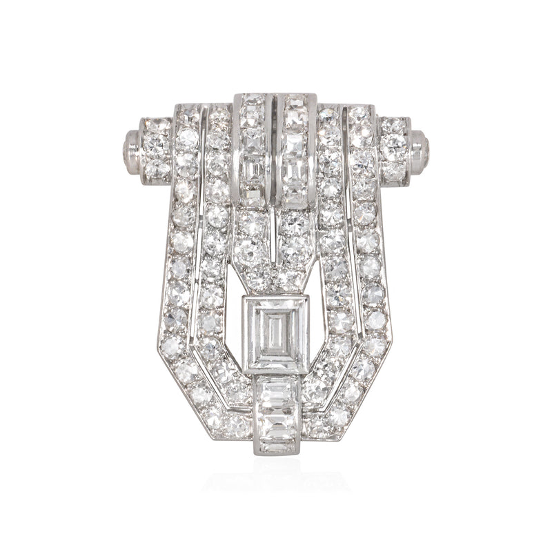 French Art Deco diamond shield-shaped clip brooch