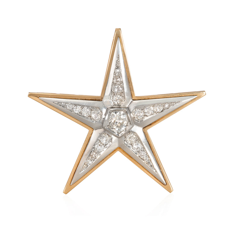 French Retro gold and diamond star brooch