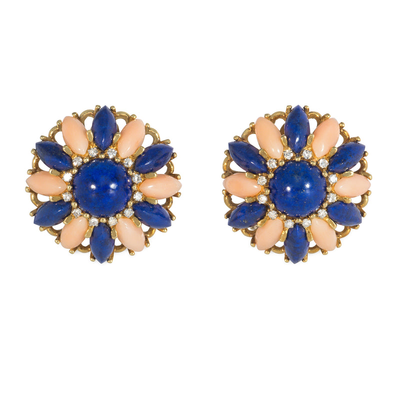 Italian mid-century angel skin coral and lapis earrings