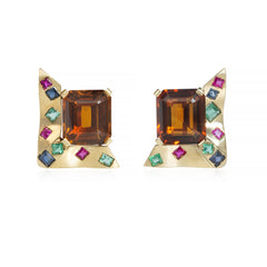Retro gold, citrine, and multi-gem earrings