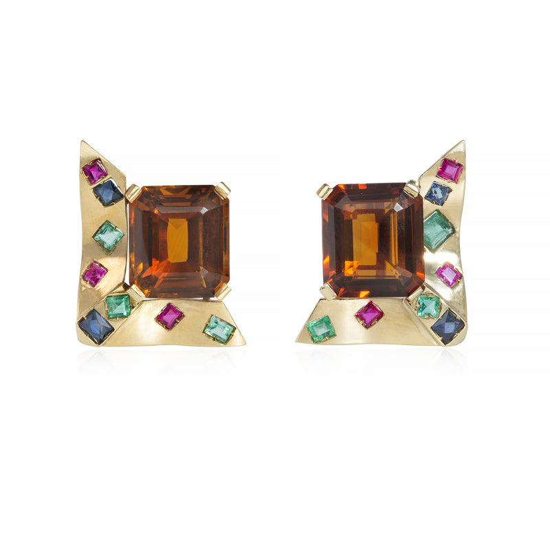 Retro gold, citrine, and multi-gem earrings