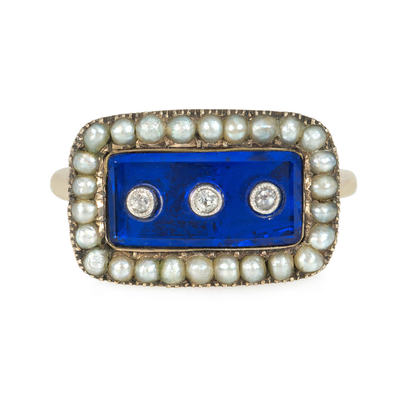 Antique blue enamel, diamond, and pearl ring